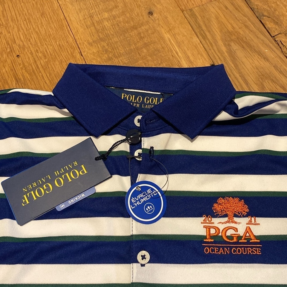 Womens Polo Ralph Lauren Shirt SP Blue Stripe Athletic Golf PGA Kiawah Ocean